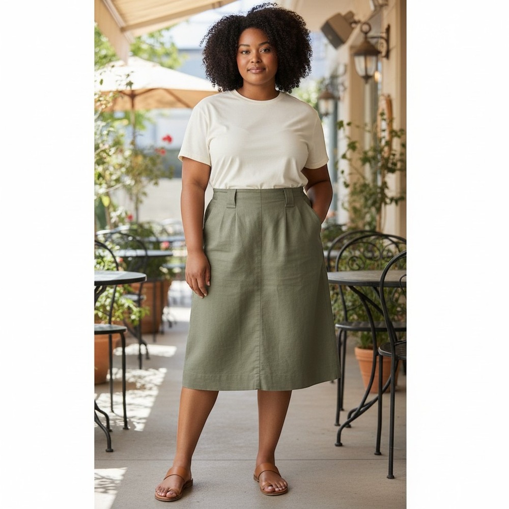Rafaella Petites Sage Green Ramie Cotton Blend Midi Skirt Size 6P Pocketed